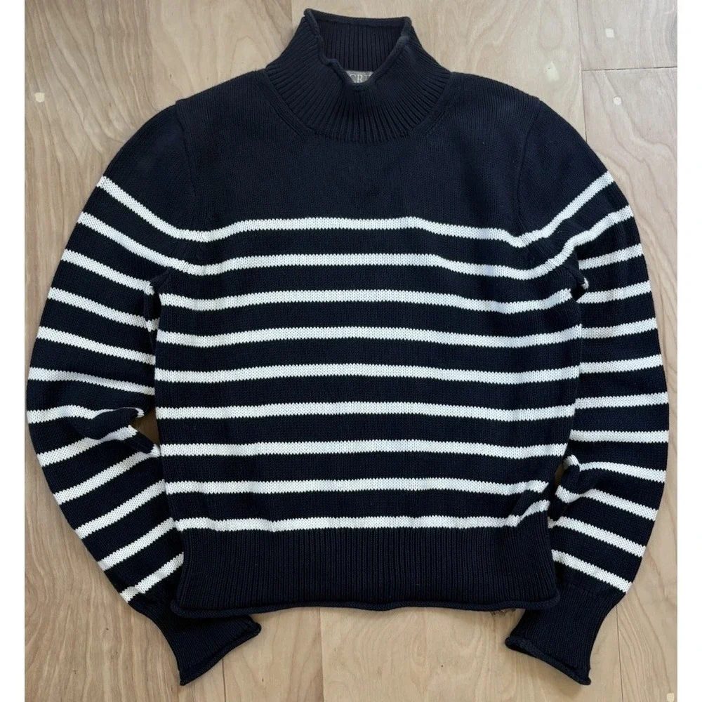 J. Crew Heritage Cotton Rollneck Sweater in Stripe Navy Blue Nautical Size M